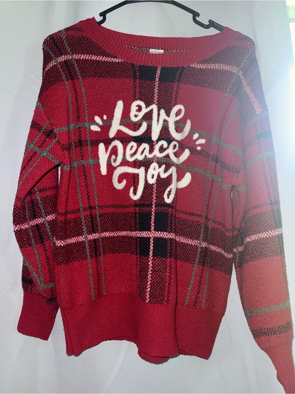 Holiday Time Red Plaid 'Love Peace Joy' Crewneck Sweater